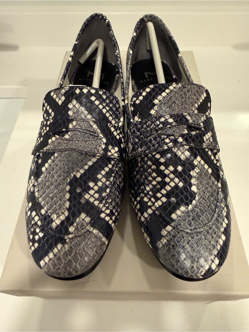 Marc Fisher Woman’s Snake-Print Loafers in Black and White